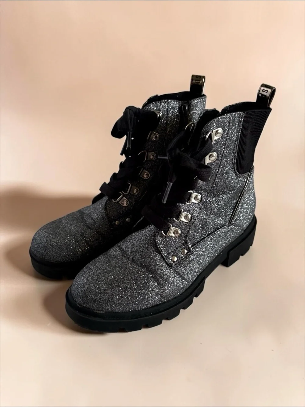 Justice Girls Silver Glitter Combat Boots — Size 4